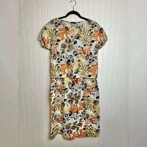 Tahari Linen Botanical Short Sleeve Top Wide Leg Pant Set Top Med Pants XL C48